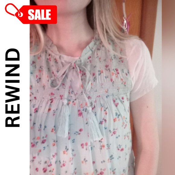 REWIND - NWOT Turquoise Floral Blouse with Tassel Tie Detail - Picture 1 of 15